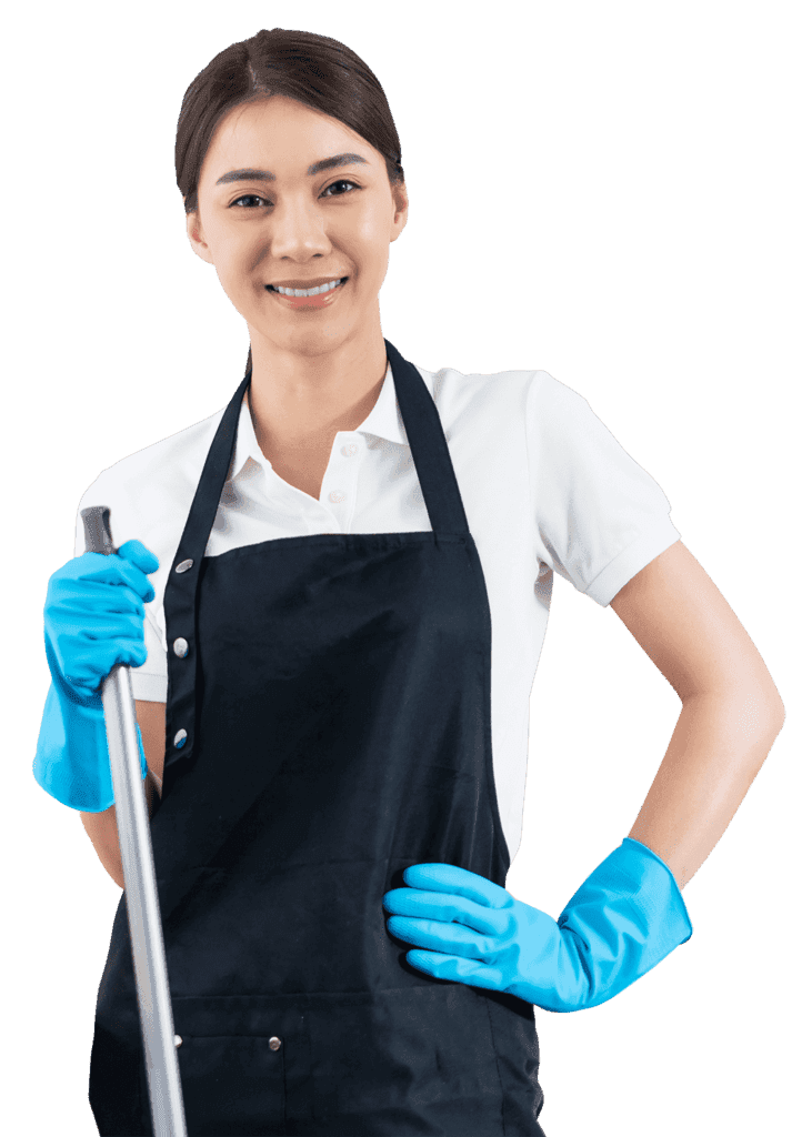 Smiling Celesta Clean cleaner in apron and gloves holding a mop