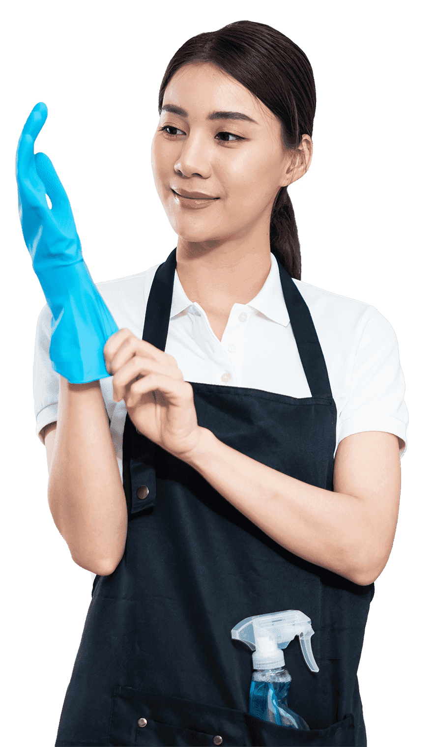 Celesta Clean cleaner in apron and gloves preparing to clean a Dubai home